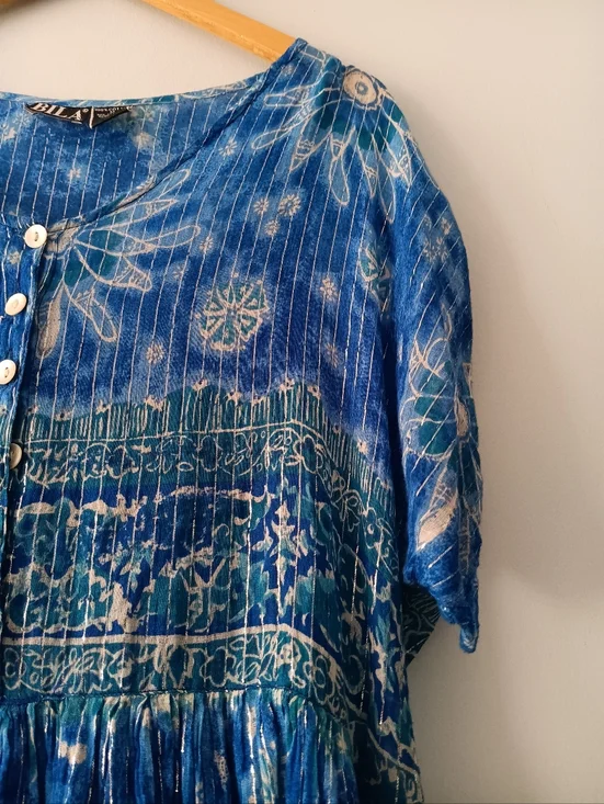 Bila Blue Metallic Print Dress M Boho Button Front Lined Midi Dress - Picture 3 of 6